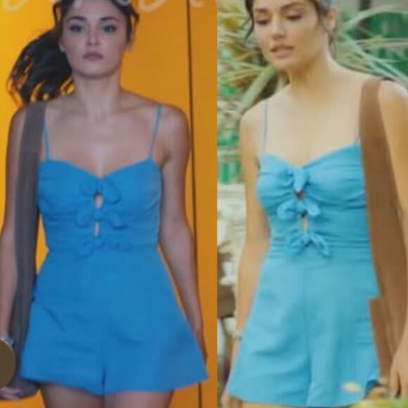 Zara Cut Out Bow Front Romper Linen Blend Chambray Blue Blogger Fave Womens S - Picture 3 of 12